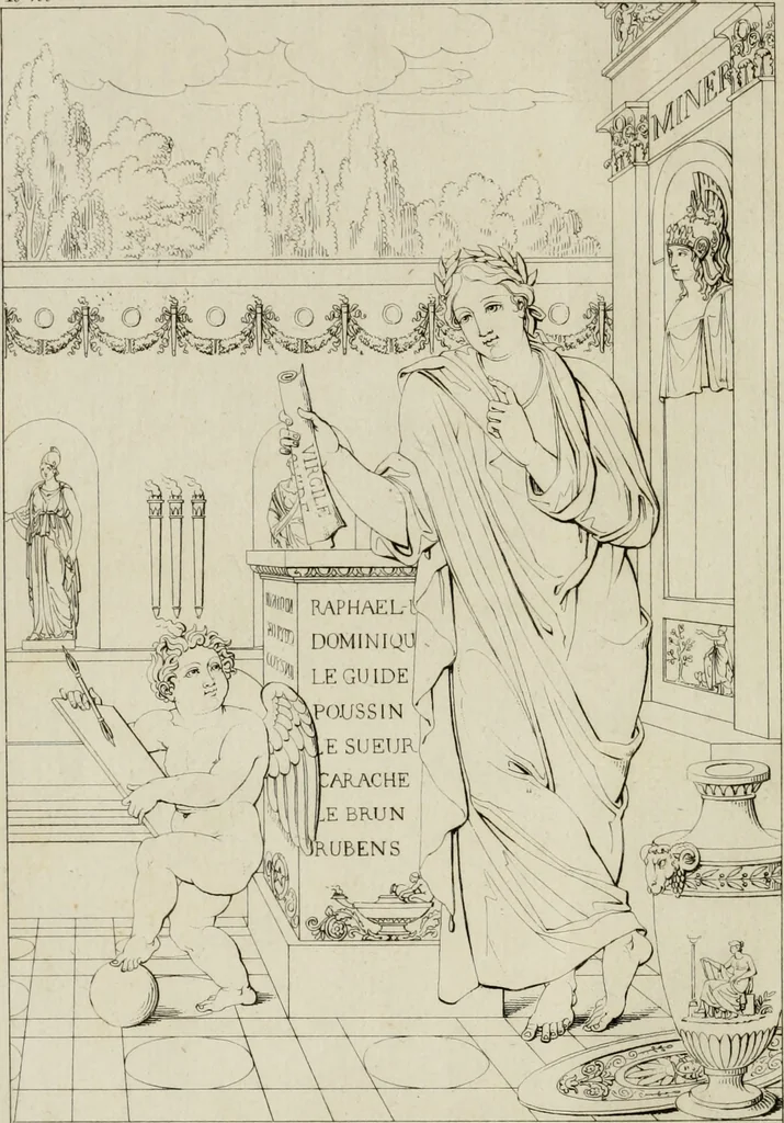 An illustration from Annales du musée et de l'école moderne des beaux-arts : recueil de gravures au trait, d'après les principaux ouvrages de peinture, sculpture, ou projets d'architecture, qui, chaque année, ont remporté le prix, soit aux écoles spéciales, soit aux concours nationaux : les productions des artistes en tous genres, qui, aux différentes expositions, ont été citées avec éloges : les morceaux les plus estimés ou inédits de la galerie de peinture : la suite complète de celle des antiques : édifices anciens et modernes, etc., 1800, leaf 7