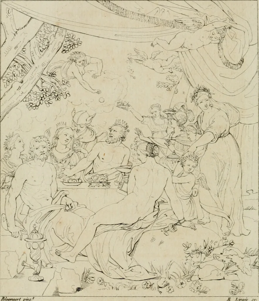 An illustration from Annales du musée et de l'école moderne des beaux-arts : recueil de gravures au trait, d'après les principaux ouvrages de peinture, sculpture, ou projets d'architecture, qui, chaque année, ont remporté le prix, soit aux écoles spéciales, soit aux concours nationaux : les productions des artistes en tous genres, qui, aux différentes expositions, ont été citées avec éloges : les morceaux les plus estimés ou inédits de la galerie de peinture : la suite complète de celle des antiques : édifices anciens et modernes, etc., 1800, leaf 77