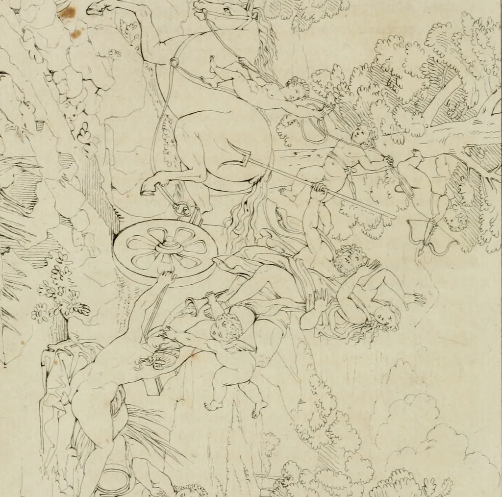 An illustration from Annales du musée et de l'école moderne des beaux-arts : recueil de gravures au trait, d'après les principaux ouvrages de peinture, sculpture, ou projets d'architecture, qui, chaque année, ont remporté le prix, soit aux écoles spéciales, soit aux concours nationaux : les productions des artistes en tous genres, qui, aux différentes expositions, ont été citées avec éloges : les morceaux les plus estimés ou inédits de la galerie de peinture : la suite complète de celle des antiques : édifices anciens et modernes, etc., 1800, leaf 85
