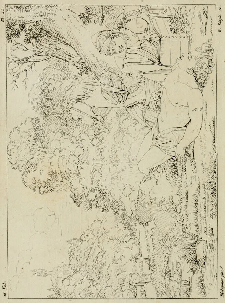 An illustration from Annales du musée et de l'école moderne des beaux-arts : recueil de gravures au trait, d'après les principaux ouvrages de peinture, sculpture, ou projets d'architecture, qui, chaque année, ont remporté le prix, soit aux écoles spéciales, soit aux concours nationaux : les productions des artistes en tous genres, qui, aux différentes expositions, ont été citées avec éloges : les morceaux les plus estimés ou inédits de la galerie de peinture : la suite complète de celle des antiques : édifices anciens et modernes, etc., 1800, leaf 93