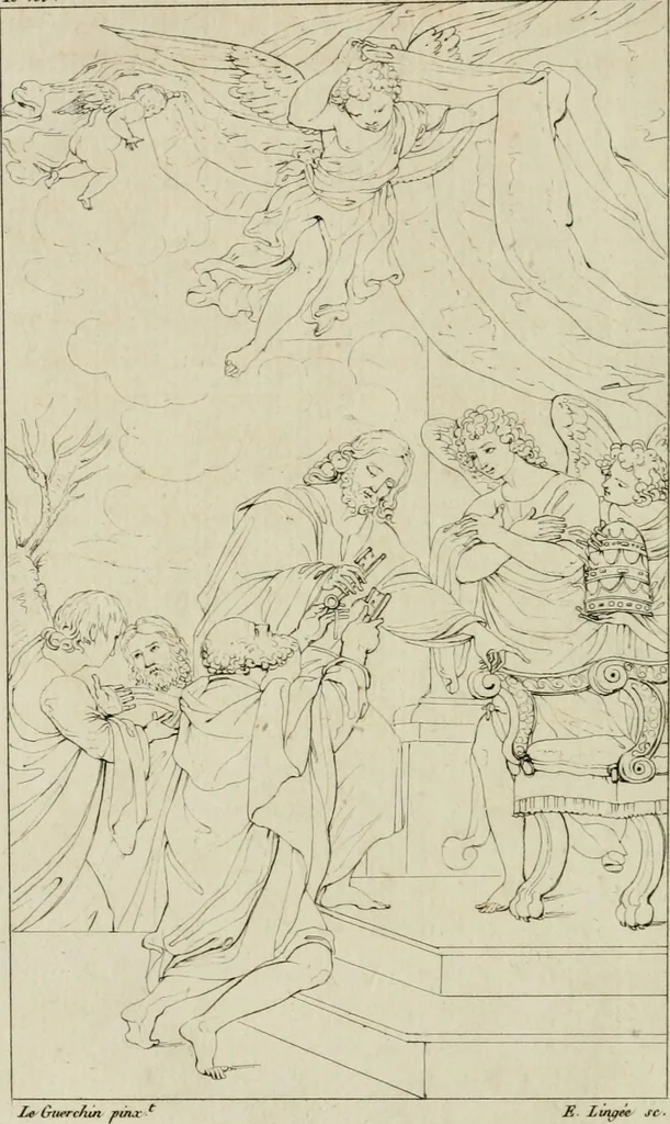 An illustration from Annales du musée et de l'école moderne des beaux-arts : recueil de gravures au trait, d'après les principaux ouvrages de peinture, sculpture, ou projets d'architecture, qui, chaque année, ont remporté le prix, soit aux écoles spéciales, soit aux concours nationaux : les productions des artistes en tous genres, qui, aux différentes expositions, ont été citées avec éloges : les morceaux les plus estimés ou inédits de la galerie de peinture : la suite complète de celle des antiques : édifices anciens et modernes, etc., 1800, leaf 97