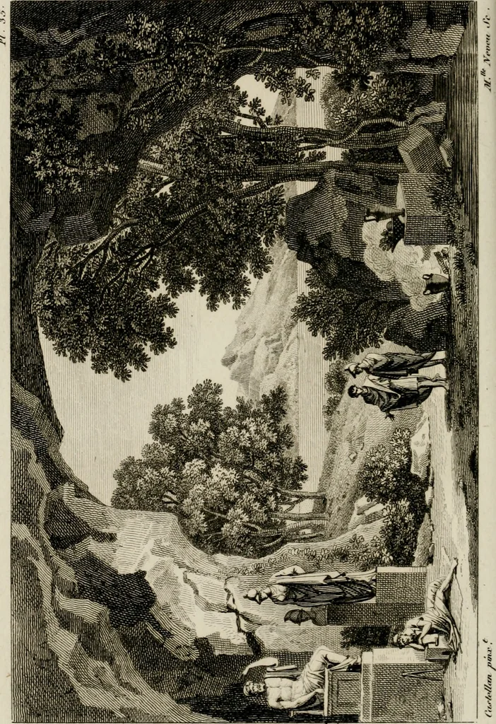 An illustration from Annales du musée et de l'école moderne des beaux-arts : recueil de gravures au trait, d'après les principaux ouvrages de peinture, sculpture, ou projets d'architecture, qui, chaque année, ont remporté le prix, soit aux écoles spéciales, soit aux concours nationaux : les productions des artistes en tous genres, qui, aux différentes expositions, ont été citées avec éloges : les morceaux les plus estimés ou inédits de la galerie de peinture : la suite complète de celle des antiques : édifices anciens et modernes, etc., 1800, leaf 117
