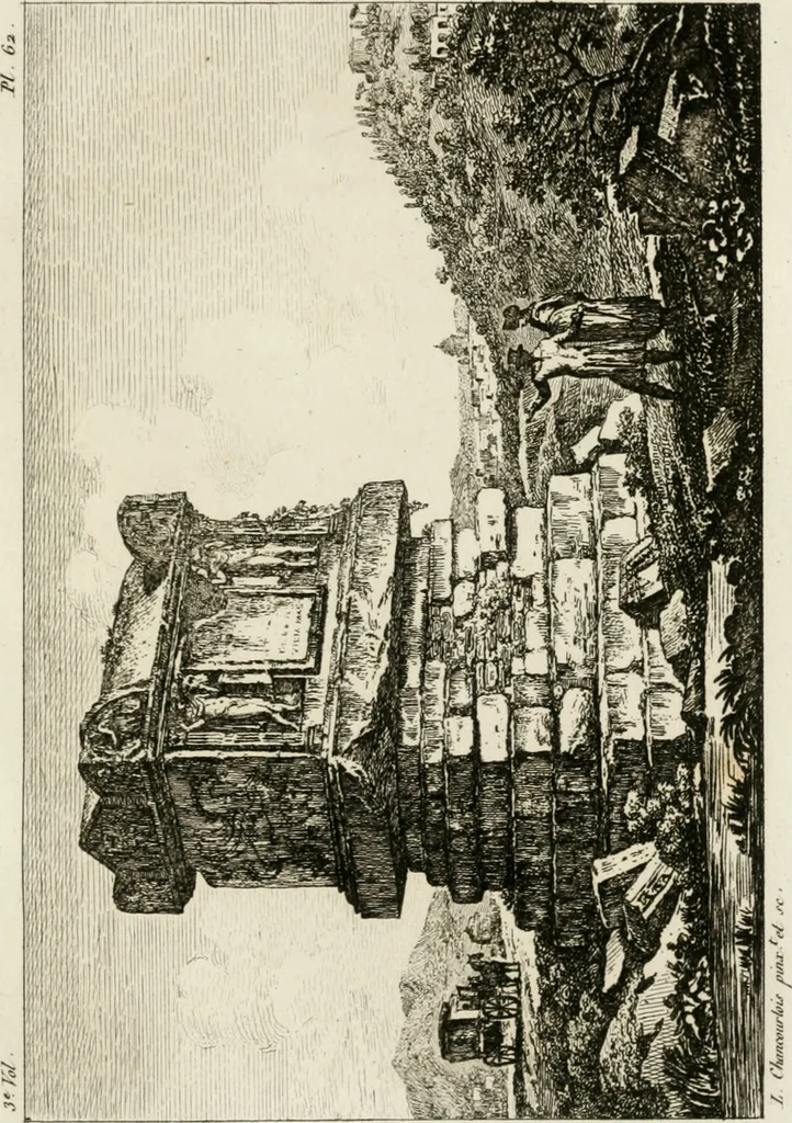 An illustration from Annales du musée et de l'école moderne des beaux-arts : recueil de gravures au trait, d'après les principaux ouvrages de peinture, sculpture, ou projets d'architecture, qui, chaque année, ont remporté le prix, soit aux écoles spéciales, soit aux concours nationaux : les productions des artistes en tous genres, qui, aux différentes expositions, ont été citées avec éloges : les morceaux les plus estimés ou inédits de la galerie de peinture : la suite complète de celle des antiques : édifices anciens et modernes, etc., 1800, leaf 200