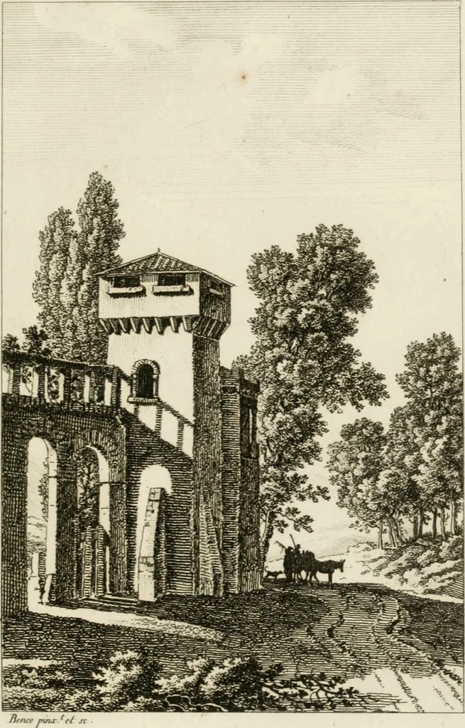 An illustration from Annales du musée et de l'école moderne des beaux-arts : recueil de gravures au trait, d'après les principaux ouvrages de peinture, sculpture, ou projets d'architecture, qui, chaque année, ont remporté le prix, soit aux écoles spéciales, soit aux concours nationaux : les productions des artistes en tous genres, qui, aux différentes expositions, ont été citées avec éloges : les morceaux les plus estimés ou inédits de la galerie de peinture : la suite complète de celle des antiques : édifices anciens et modernes, etc., 1800, leaf 218