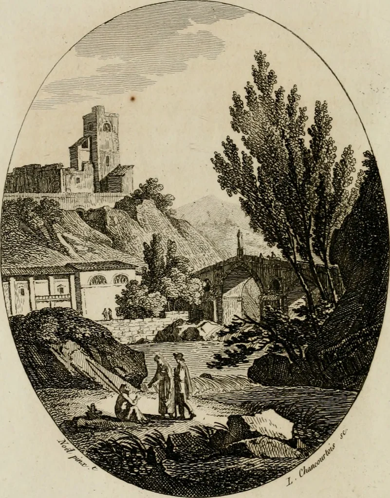 An illustration from Annales du musée et de l'école moderne des beaux-arts : recueil de gravures au trait, d'après les principaux ouvrages de peinture, sculpture, ou projets d'architecture, qui, chaque année, ont remporté le prix, soit aux écoles spéciales, soit aux concours nationaux : les productions des artistes en tous genres, qui, aux différentes expositions, ont été citées avec éloges : les morceaux les plus estimés ou inédits de la galerie de peinture : la suite complète de celle des antiques : édifices anciens et modernes, etc., 1800, leaf 163