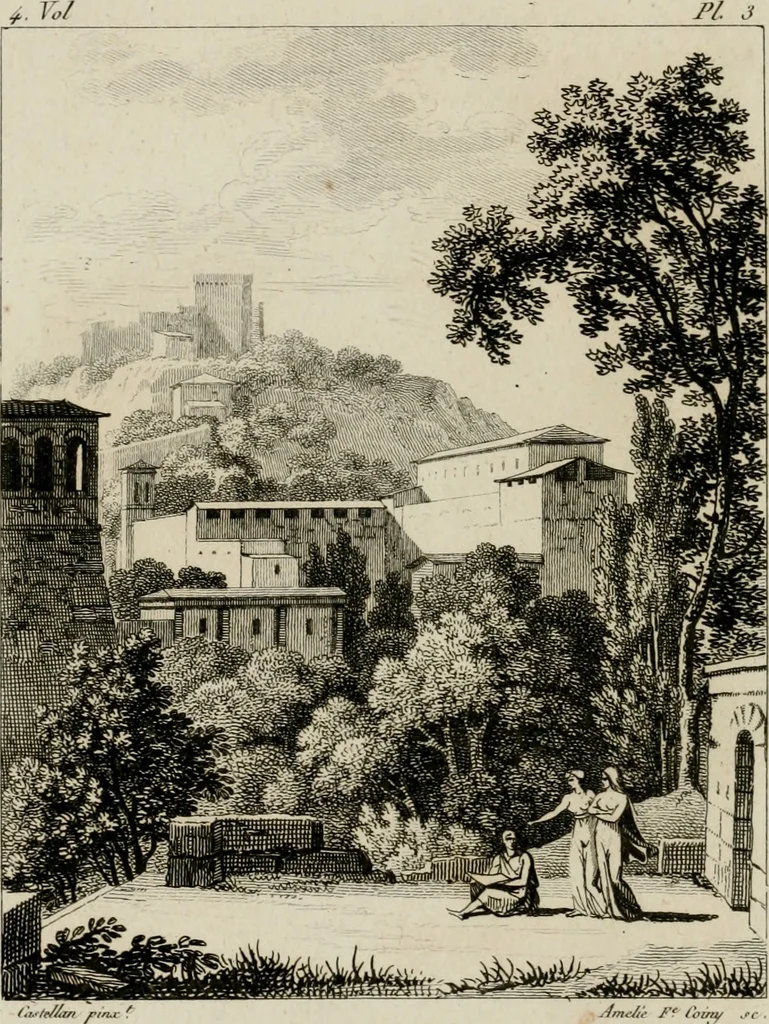 An illustration from Annales du musée et de l'école moderne des beaux-arts : recueil de gravures au trait, d'après les principaux ouvrages de peinture, sculpture, ou projets d'architecture, qui, chaque année, ont remporté le prix, soit aux écoles spéciales, soit aux concours nationaux : les productions des artistes en tous genres, qui, aux différentes expositions, ont été citées avec éloges : les morceaux les plus estimés ou inédits de la galerie de peinture : la suite complète de celle des antiques : édifices anciens et modernes, etc., 1800, leaf 19