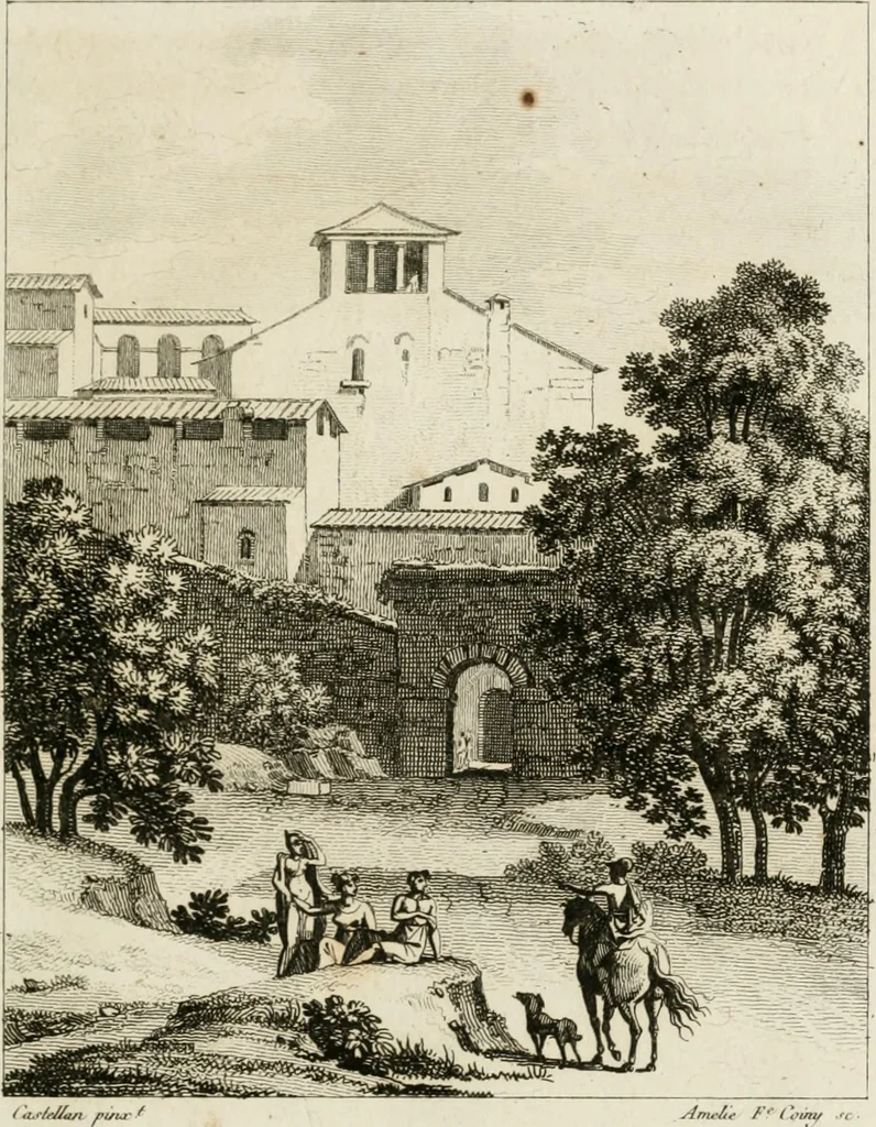 An illustration from Annales du musée et de l'école moderne des beaux-arts : recueil de gravures au trait, d'après les principaux ouvrages de peinture, sculpture, ou projets d'architecture, qui, chaque année, ont remporté le prix, soit aux écoles spéciales, soit aux concours nationaux : les productions des artistes en tous genres, qui, aux différentes expositions, ont été citées avec éloges : les morceaux les plus estimés ou inédits de la galerie de peinture : la suite complète de celle des antiques : édifices anciens et modernes, etc., 1800, leaf 22