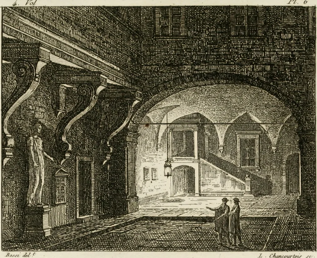 An illustration from Annales du musée et de l'école moderne des beaux-arts : recueil de gravures au trait, d'après les principaux ouvrages de peinture, sculpture, ou projets d'architecture, qui, chaque année, ont remporté le prix, soit aux écoles spéciales, soit aux concours nationaux : les productions des artistes en tous genres, qui, aux différentes expositions, ont été citées avec éloges : les morceaux les plus estimés ou inédits de la galerie de peinture : la suite complète de celle des antiques : édifices anciens et modernes, etc., 1800, leaf 28
