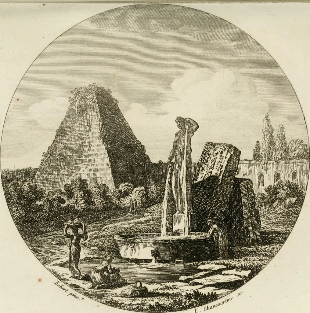 An illustration from Annales du musée et de l'école moderne des beaux-arts : recueil de gravures au trait, d'après les principaux ouvrages de peinture, sculpture, ou projets d'architecture, qui, chaque année, ont remporté le prix, soit aux écoles spéciales, soit aux concours nationaux : les productions des artistes en tous genres, qui, aux différentes expositions, ont été citées avec éloges : les morceaux les plus estimés ou inédits de la galerie de peinture : la suite complète de celle des antiques : édifices anciens et modernes, etc., 1800, leaf 34