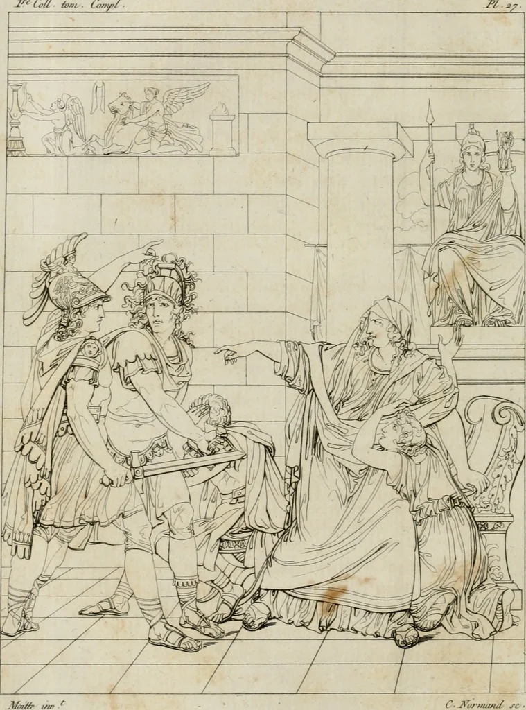 An illustration from Annales du musée et de l'école moderne des beaux-arts : recueil de gravures au trait, d'après les principaux ouvrages de peinture, sculpture, ou projets d'architecture, qui, chaque année, ont remporté le prix, soit aux écoles spéciales, soit aux concours nationaux : les productions des artistes en tous genres, qui, aux différentes expositions, ont été citées avec éloges : les morceaux les plus estimés ou inédits de la galerie de peinture : la suite complète de celle des antiques : édifices anciens et modernes, etc., 1800, leaf 101