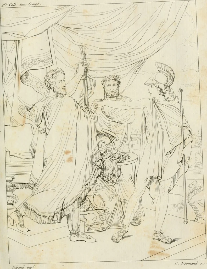 An illustration from Annales du musée et de l'école moderne des beaux-arts : recueil de gravures au trait, d'après les principaux ouvrages de peinture, sculpture, ou projets d'architecture, qui, chaque année, ont remporté le prix, soit aux écoles spéciales, soit aux concours nationaux : les productions des artistes en tous genres, qui, aux différentes expositions, ont été citées avec éloges : les morceaux les plus estimés ou inédits de la galerie de peinture : la suite complète de celle des antiques : édifices anciens et modernes, etc., 1800, leaf 104