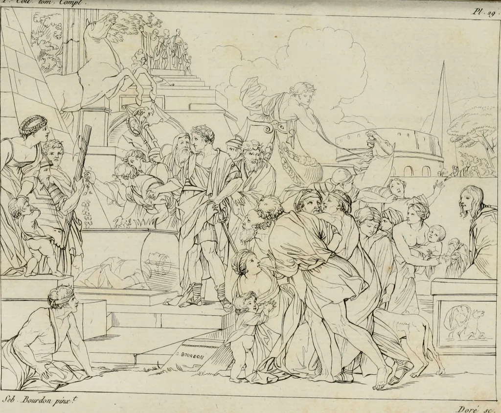 An illustration from Annales du musée et de l'école moderne des beaux-arts : recueil de gravures au trait, d'après les principaux ouvrages de peinture, sculpture, ou projets d'architecture, qui, chaque année, ont remporté le prix, soit aux écoles spéciales, soit aux concours nationaux : les productions des artistes en tous genres, qui, aux différentes expositions, ont été citées avec éloges : les morceaux les plus estimés ou inédits de la galerie de peinture : la suite complète de celle des antiques : édifices anciens et modernes, etc., 1800, leaf 107