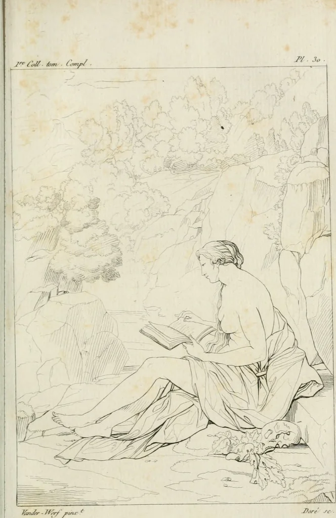 An illustration from Annales du musée et de l'école moderne des beaux-arts : recueil de gravures au trait, d'après les principaux ouvrages de peinture, sculpture, ou projets d'architecture, qui, chaque année, ont remporté le prix, soit aux écoles spéciales, soit aux concours nationaux : les productions des artistes en tous genres, qui, aux différentes expositions, ont été citées avec éloges : les morceaux les plus estimés ou inédits de la galerie de peinture : la suite complète de celle des antiques : édifices anciens et modernes, etc., 1800, leaf 110