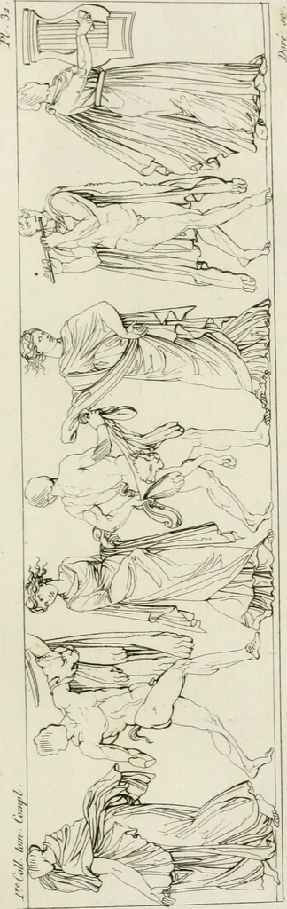 An illustration from Annales du musée et de l'école moderne des beaux-arts : recueil de gravures au trait, d'après les principaux ouvrages de peinture, sculpture, ou projets d'architecture, qui, chaque année, ont remporté le prix, soit aux écoles spéciales, soit aux concours nationaux : les productions des artistes en tous genres, qui, aux différentes expositions, ont été citées avec éloges : les morceaux les plus estimés ou inédits de la galerie de peinture : la suite complète de celle des antiques : édifices anciens et modernes, etc., 1800, leaf 116