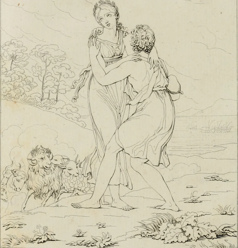 An illustration from Annales du musée et de l'école moderne des beaux-arts : recueil de gravures au trait, d'après les principaux ouvrages de peinture, sculpture, ou projets d'architecture, qui, chaque année, ont remporté le prix, soit aux écoles spéciales, soit aux concours nationaux : les productions des artistes en tous genres, qui, aux différentes expositions, ont été citées avec éloges : les morceaux les plus estimés ou inédits de la galerie de peinture : la suite complète de celle des antiques : édifices anciens et modernes, etc., 1800, leaf 119