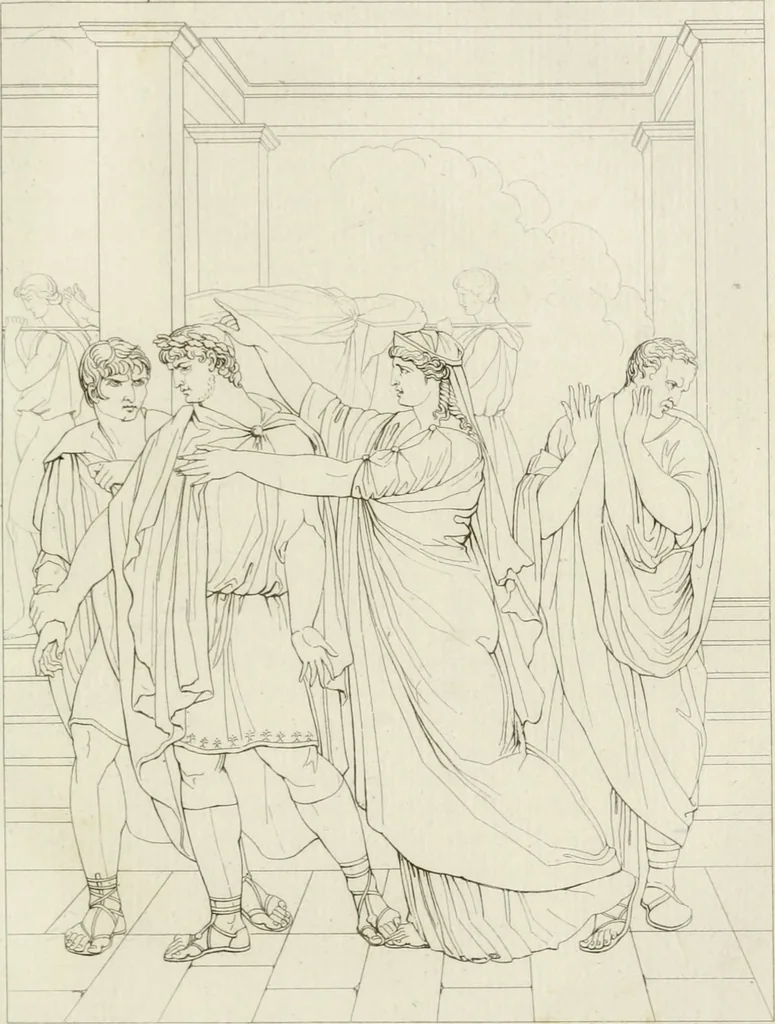 An illustration from Annales du musée et de l'école moderne des beaux-arts : recueil de gravures au trait, d'après les principaux ouvrages de peinture, sculpture, ou projets d'architecture, qui, chaque année, ont remporté le prix, soit aux écoles spéciales, soit aux concours nationaux : les productions des artistes en tous genres, qui, aux différentes expositions, ont été citées avec éloges : les morceaux les plus estimés ou inédits de la galerie de peinture : la suite complète de celle des antiques : édifices anciens et modernes, etc., 1800, leaf 128
