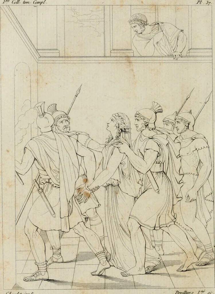 An illustration from Annales du musée et de l'école moderne des beaux-arts : recueil de gravures au trait, d'après les principaux ouvrages de peinture, sculpture, ou projets d'architecture, qui, chaque année, ont remporté le prix, soit aux écoles spéciales, soit aux concours nationaux : les productions des artistes en tous genres, qui, aux différentes expositions, ont été citées avec éloges : les morceaux les plus estimés ou inédits de la galerie de peinture : la suite complète de celle des antiques : édifices anciens et modernes, etc., 1800, leaf 131