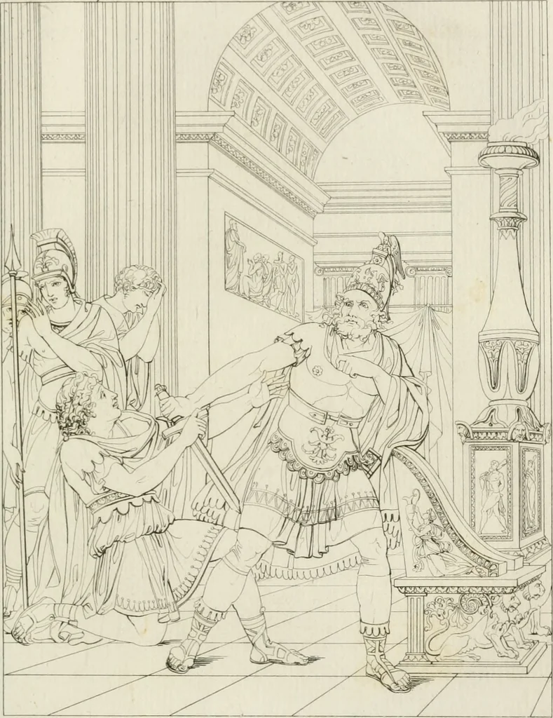 An illustration from Annales du musée et de l'école moderne des beaux-arts : recueil de gravures au trait, d'après les principaux ouvrages de peinture, sculpture, ou projets d'architecture, qui, chaque année, ont remporté le prix, soit aux écoles spéciales, soit aux concours nationaux : les productions des artistes en tous genres, qui, aux différentes expositions, ont été citées avec éloges : les morceaux les plus estimés ou inédits de la galerie de peinture : la suite complète de celle des antiques : édifices anciens et modernes, etc., 1800, leaf 140