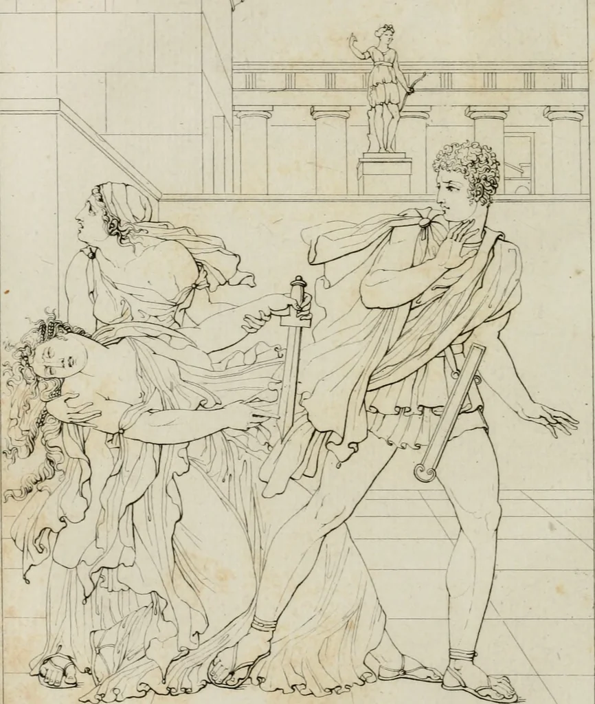 An illustration from Annales du musée et de l'école moderne des beaux-arts : recueil de gravures au trait, d'après les principaux ouvrages de peinture, sculpture, ou projets d'architecture, qui, chaque année, ont remporté le prix, soit aux écoles spéciales, soit aux concours nationaux : les productions des artistes en tous genres, qui, aux différentes expositions, ont été citées avec éloges : les morceaux les plus estimés ou inédits de la galerie de peinture : la suite complète de celle des antiques : édifices anciens et modernes, etc., 1800, leaf 143