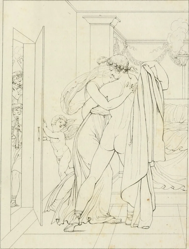 An illustration from Annales du musée et de l'école moderne des beaux-arts : recueil de gravures au trait, d'après les principaux ouvrages de peinture, sculpture, ou projets d'architecture, qui, chaque année, ont remporté le prix, soit aux écoles spéciales, soit aux concours nationaux : les productions des artistes en tous genres, qui, aux différentes expositions, ont été citées avec éloges : les morceaux les plus estimés ou inédits de la galerie de peinture : la suite complète de celle des antiques : édifices anciens et modernes, etc., 1800, leaf 146