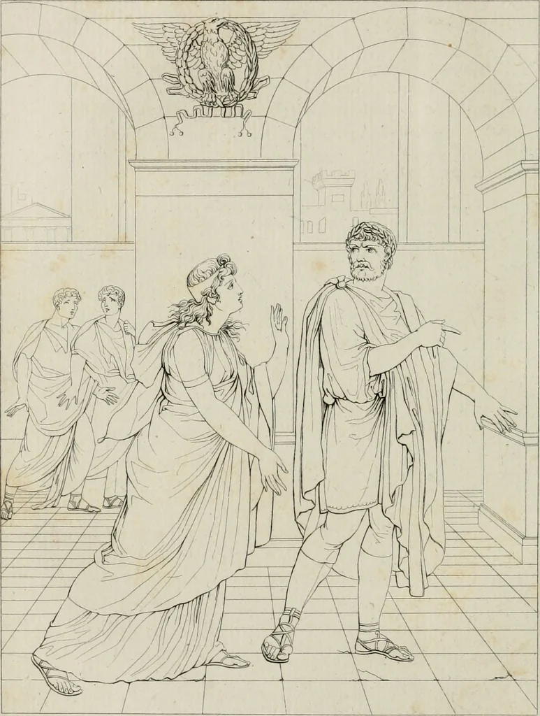 An illustration from Annales du musée et de l'école moderne des beaux-arts : recueil de gravures au trait, d'après les principaux ouvrages de peinture, sculpture, ou projets d'architecture, qui, chaque année, ont remporté le prix, soit aux écoles spéciales, soit aux concours nationaux : les productions des artistes en tous genres, qui, aux différentes expositions, ont été citées avec éloges : les morceaux les plus estimés ou inédits de la galerie de peinture : la suite complète de celle des antiques : édifices anciens et modernes, etc., 1800, leaf 149