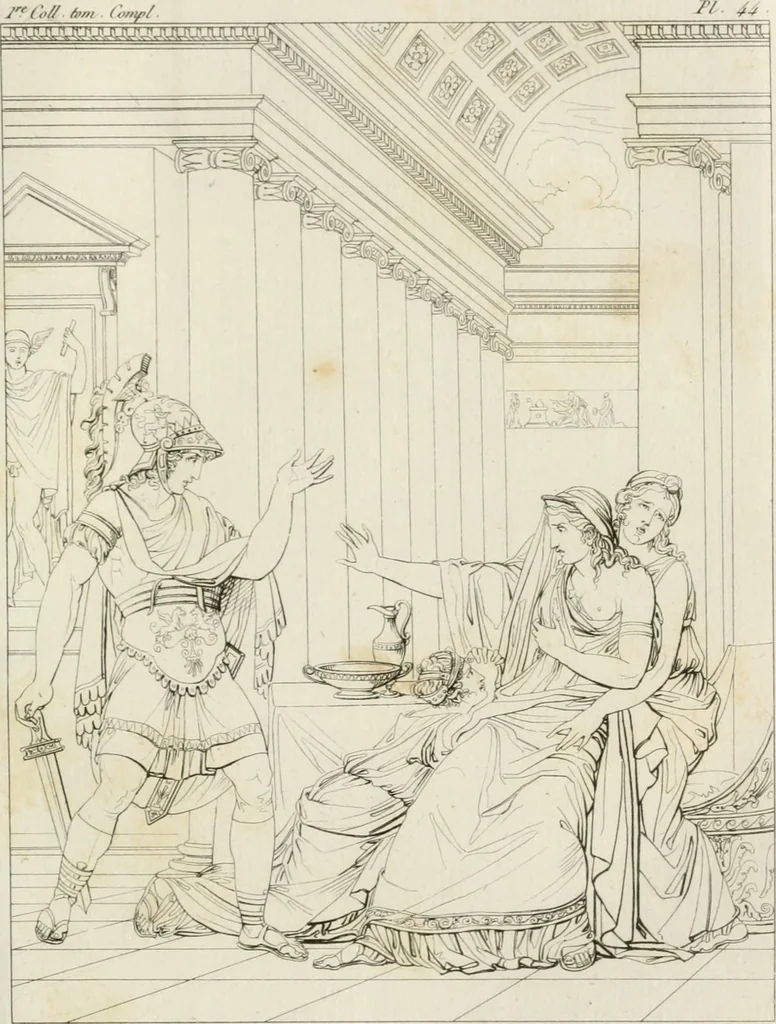 An illustration from Annales du musée et de l'école moderne des beaux-arts : recueil de gravures au trait, d'après les principaux ouvrages de peinture, sculpture, ou projets d'architecture, qui, chaque année, ont remporté le prix, soit aux écoles spéciales, soit aux concours nationaux : les productions des artistes en tous genres, qui, aux différentes expositions, ont été citées avec éloges : les morceaux les plus estimés ou inédits de la galerie de peinture : la suite complète de celle des antiques : édifices anciens et modernes, etc., 1800, leaf 152