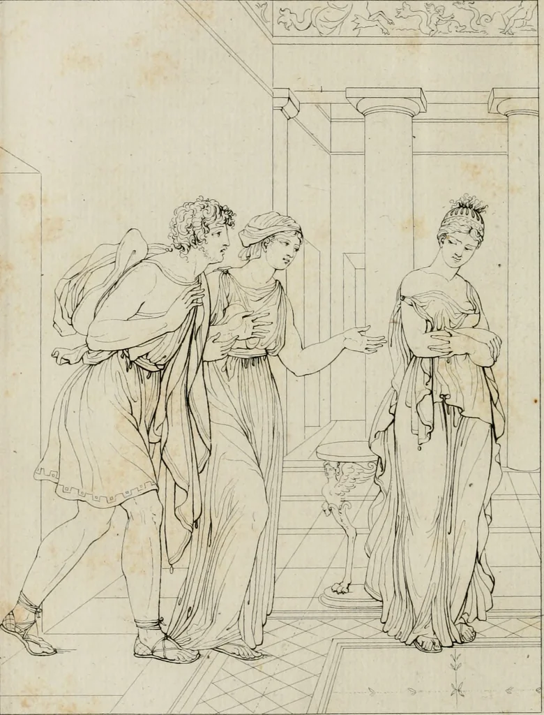An illustration from Annales du musée et de l'école moderne des beaux-arts : recueil de gravures au trait, d'après les principaux ouvrages de peinture, sculpture, ou projets d'architecture, qui, chaque année, ont remporté le prix, soit aux écoles spéciales, soit aux concours nationaux : les productions des artistes en tous genres, qui, aux différentes expositions, ont été citées avec éloges : les morceaux les plus estimés ou inédits de la galerie de peinture : la suite complète de celle des antiques : édifices anciens et modernes, etc., 1800, leaf 155