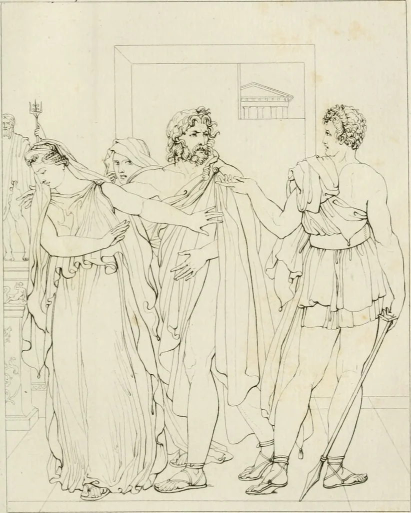 An illustration from Annales du musée et de l'école moderne des beaux-arts : recueil de gravures au trait, d'après les principaux ouvrages de peinture, sculpture, ou projets d'architecture, qui, chaque année, ont remporté le prix, soit aux écoles spéciales, soit aux concours nationaux : les productions des artistes en tous genres, qui, aux différentes expositions, ont été citées avec éloges : les morceaux les plus estimés ou inédits de la galerie de peinture : la suite complète de celle des antiques : édifices anciens et modernes, etc., 1800, leaf 158