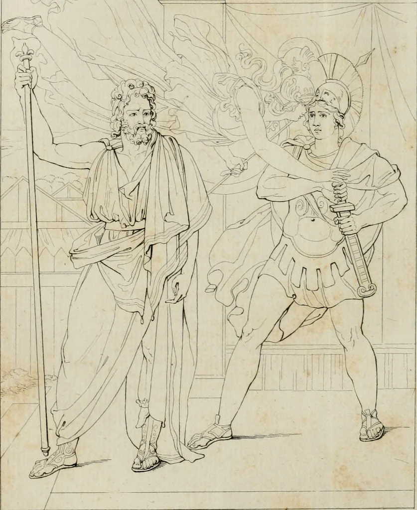 An illustration from Annales du musée et de l'école moderne des beaux-arts : recueil de gravures au trait, d'après les principaux ouvrages de peinture, sculpture, ou projets d'architecture, qui, chaque année, ont remporté le prix, soit aux écoles spéciales, soit aux concours nationaux : les productions des artistes en tous genres, qui, aux différentes expositions, ont été citées avec éloges : les morceaux les plus estimés ou inédits de la galerie de peinture : la suite complète de celle des antiques : édifices anciens et modernes, etc., 1800, leaf 161