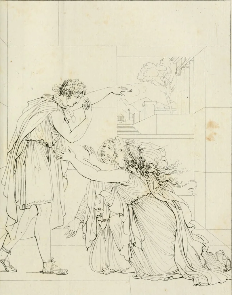 An illustration from Annales du musée et de l'école moderne des beaux-arts : recueil de gravures au trait, d'après les principaux ouvrages de peinture, sculpture, ou projets d'architecture, qui, chaque année, ont remporté le prix, soit aux écoles spéciales, soit aux concours nationaux : les productions des artistes en tous genres, qui, aux différentes expositions, ont été citées avec éloges : les morceaux les plus estimés ou inédits de la galerie de peinture : la suite complète de celle des antiques : édifices anciens et modernes, etc., 1800, leaf 164