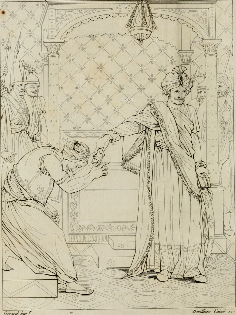 An illustration from Annales du musée et de l'école moderne des beaux-arts : recueil de gravures au trait, d'après les principaux ouvrages de peinture, sculpture, ou projets d'architecture, qui, chaque année, ont remporté le prix, soit aux écoles spéciales, soit aux concours nationaux : les productions des artistes en tous genres, qui, aux différentes expositions, ont été citées avec éloges : les morceaux les plus estimés ou inédits de la galerie de peinture : la suite complète de celle des antiques : édifices anciens et modernes, etc., 1800, leaf 173