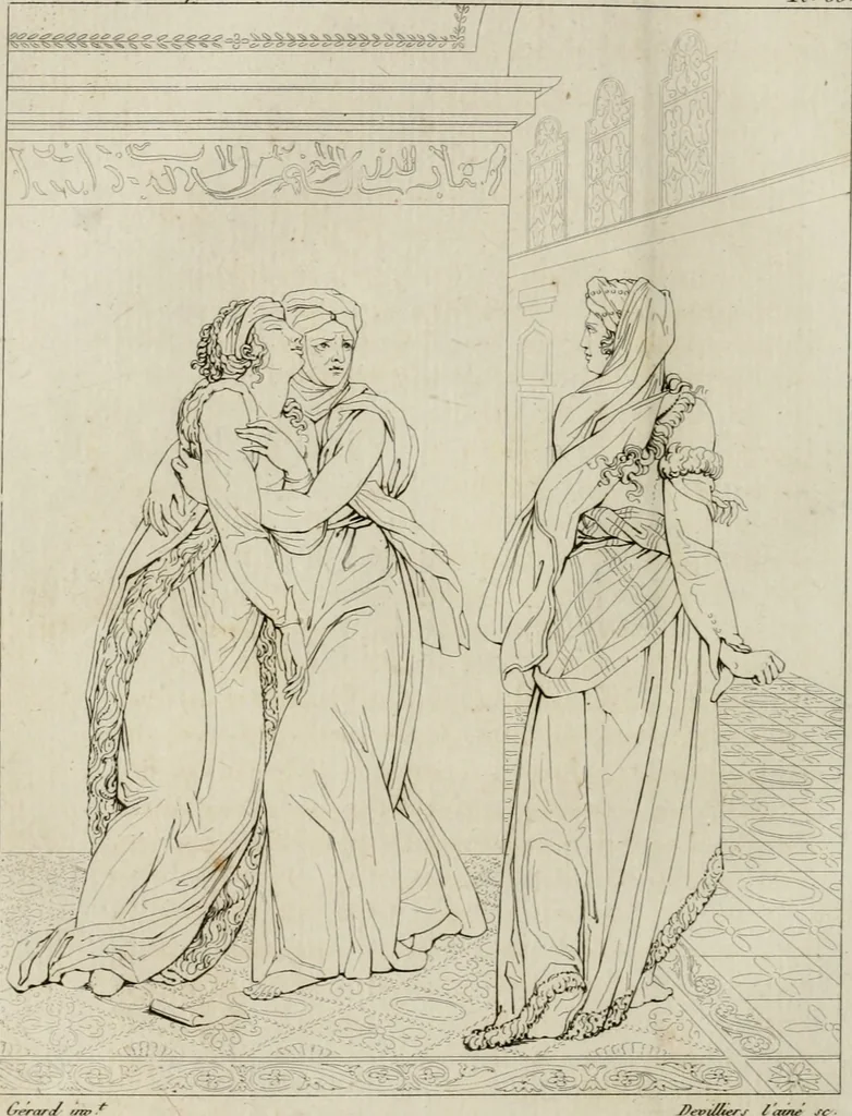 An illustration from Annales du musée et de l'école moderne des beaux-arts : recueil de gravures au trait, d'après les principaux ouvrages de peinture, sculpture, ou projets d'architecture, qui, chaque année, ont remporté le prix, soit aux écoles spéciales, soit aux concours nationaux : les productions des artistes en tous genres, qui, aux différentes expositions, ont été citées avec éloges : les morceaux les plus estimés ou inédits de la galerie de peinture : la suite complète de celle des antiques : édifices anciens et modernes, etc., 1800, leaf 179