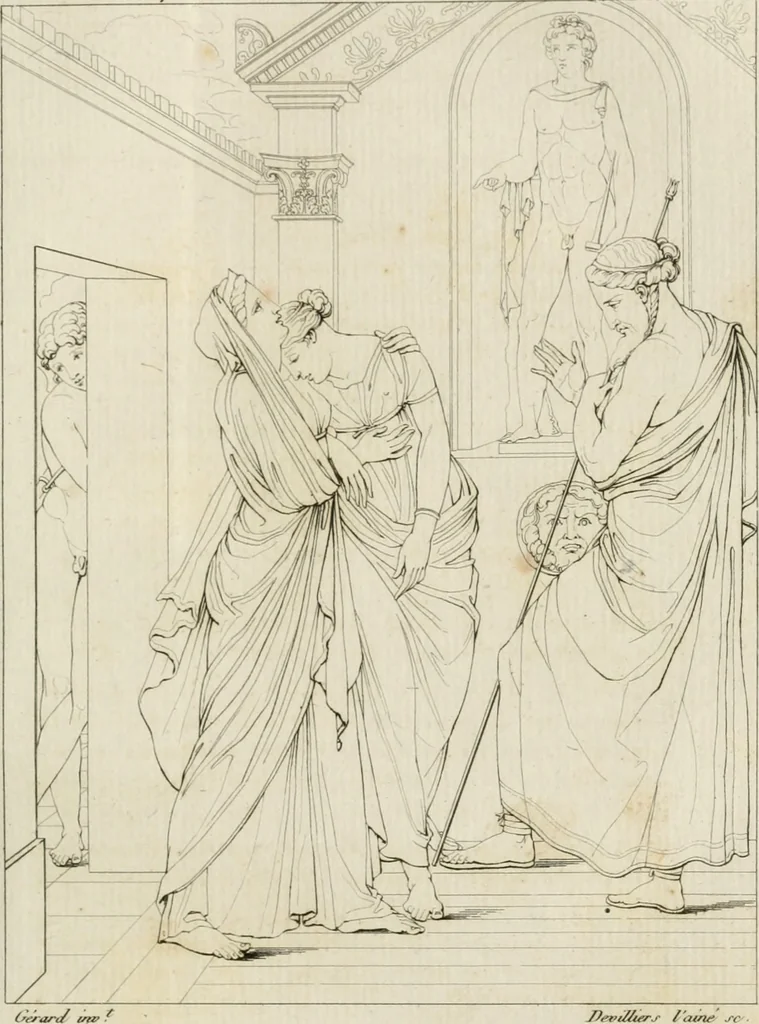 An illustration from Annales du musée et de l'école moderne des beaux-arts : recueil de gravures au trait, d'après les principaux ouvrages de peinture, sculpture, ou projets d'architecture, qui, chaque année, ont remporté le prix, soit aux écoles spéciales, soit aux concours nationaux : les productions des artistes en tous genres, qui, aux différentes expositions, ont été citées avec éloges : les morceaux les plus estimés ou inédits de la galerie de peinture : la suite complète de celle des antiques : édifices anciens et modernes, etc., 1800, leaf 182