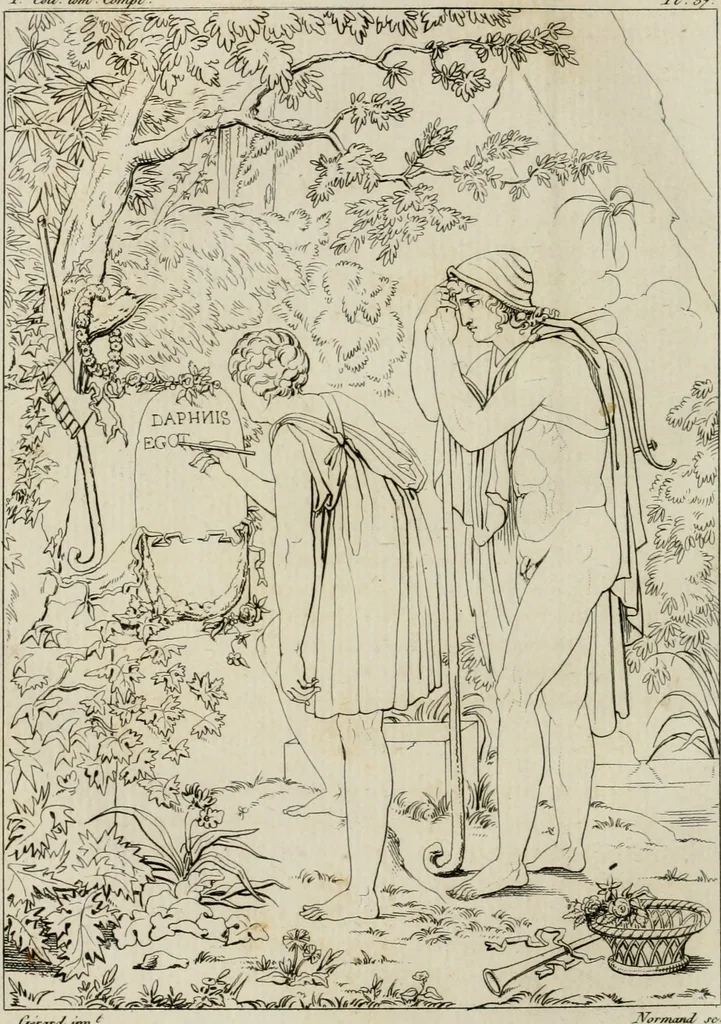 An illustration from Annales du musée et de l'école moderne des beaux-arts : recueil de gravures au trait, d'après les principaux ouvrages de peinture, sculpture, ou projets d'architecture, qui, chaque année, ont remporté le prix, soit aux écoles spéciales, soit aux concours nationaux : les productions des artistes en tous genres, qui, aux différentes expositions, ont été citées avec éloges : les morceaux les plus estimés ou inédits de la galerie de peinture : la suite complète de celle des antiques : édifices anciens et modernes, etc., 1800, leaf 185