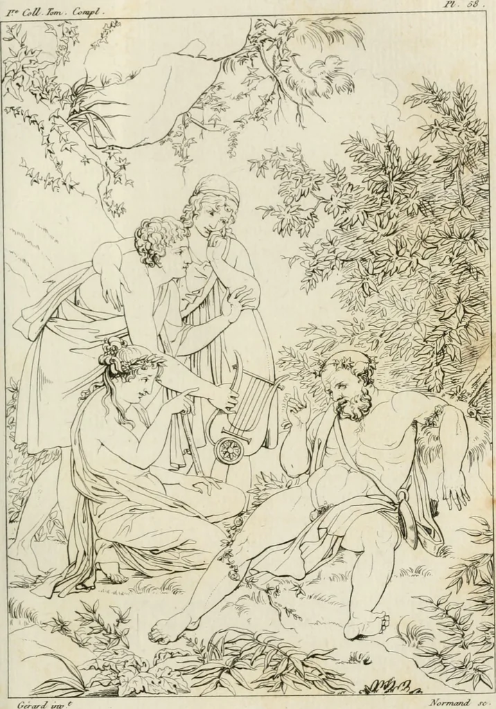 An illustration from Annales du musée et de l'école moderne des beaux-arts : recueil de gravures au trait, d'après les principaux ouvrages de peinture, sculpture, ou projets d'architecture, qui, chaque année, ont remporté le prix, soit aux écoles spéciales, soit aux concours nationaux : les productions des artistes en tous genres, qui, aux différentes expositions, ont été citées avec éloges : les morceaux les plus estimés ou inédits de la galerie de peinture : la suite complète de celle des antiques : édifices anciens et modernes, etc., 1800, leaf 188