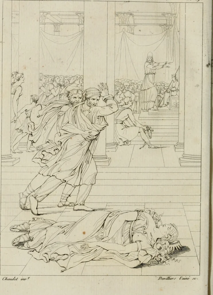 An illustration from Annales du musée et de l'école moderne des beaux-arts : recueil de gravures au trait, d'après les principaux ouvrages de peinture, sculpture, ou projets d'architecture, qui, chaque année, ont remporté le prix, soit aux écoles spéciales, soit aux concours nationaux : les productions des artistes en tous genres, qui, aux différentes expositions, ont été citées avec éloges : les morceaux les plus estimés ou inédits de la galerie de peinture : la suite complète de celle des antiques : édifices anciens et modernes, etc., 1800, leaf 191