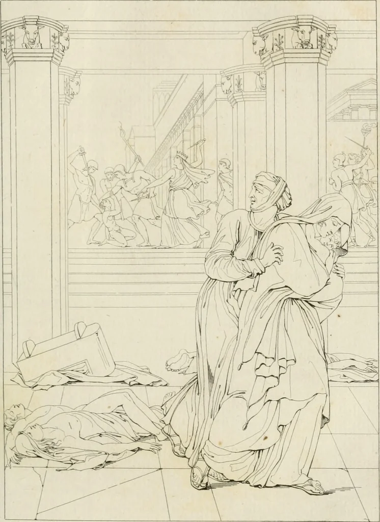 An illustration from Annales du musée et de l'école moderne des beaux-arts : recueil de gravures au trait, d'après les principaux ouvrages de peinture, sculpture, ou projets d'architecture, qui, chaque année, ont remporté le prix, soit aux écoles spéciales, soit aux concours nationaux : les productions des artistes en tous genres, qui, aux différentes expositions, ont été citées avec éloges : les morceaux les plus estimés ou inédits de la galerie de peinture : la suite complète de celle des antiques : édifices anciens et modernes, etc., 1800, leaf 194