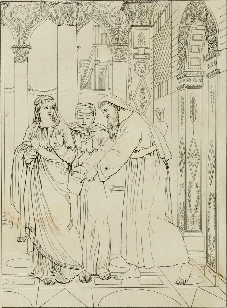 An illustration from Annales du musée et de l'école moderne des beaux-arts : recueil de gravures au trait, d'après les principaux ouvrages de peinture, sculpture, ou projets d'architecture, qui, chaque année, ont remporté le prix, soit aux écoles spéciales, soit aux concours nationaux : les productions des artistes en tous genres, qui, aux différentes expositions, ont été citées avec éloges : les morceaux les plus estimés ou inédits de la galerie de peinture : la suite complète de celle des antiques : édifices anciens et modernes, etc., 1800, leaf 197