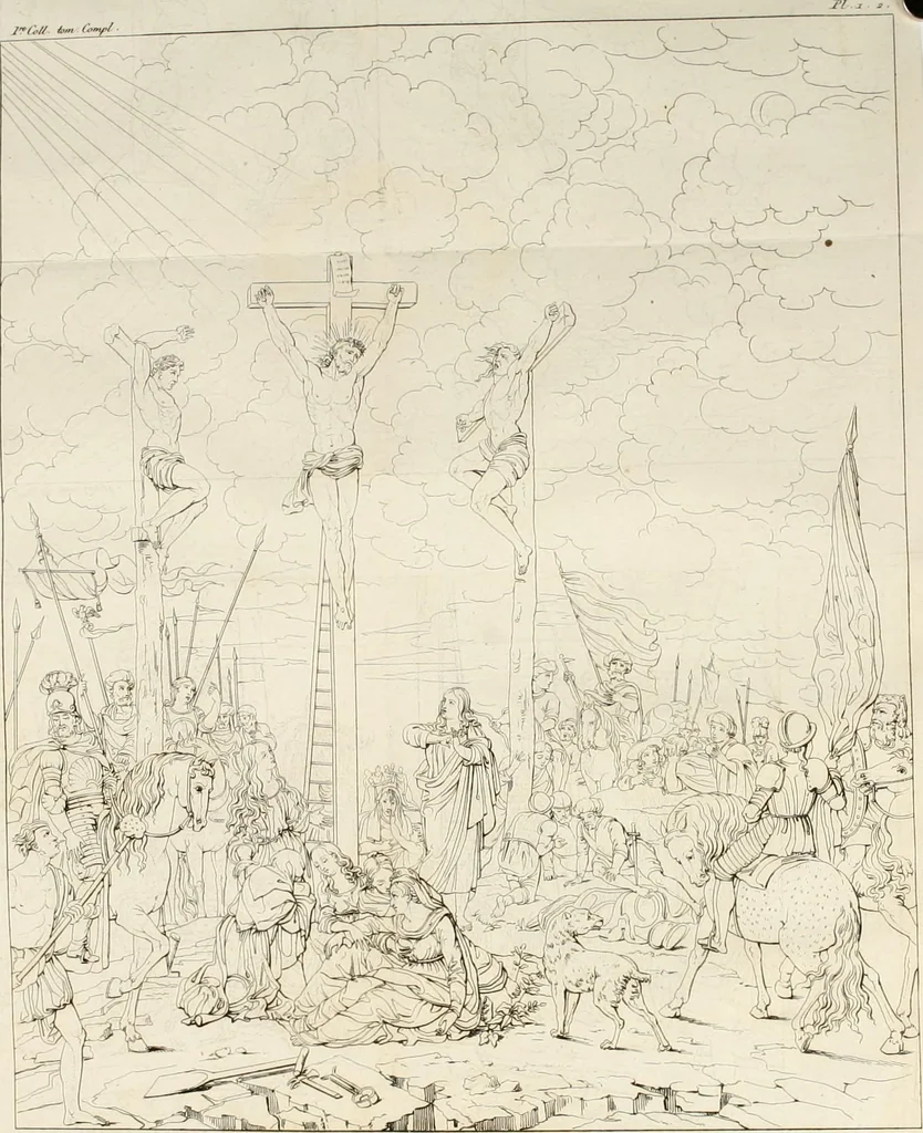 An illustration from Annales du musée et de l'école moderne des beaux-arts : recueil de gravures au trait, d'après les principaux ouvrages de peinture, sculpture, ou projets d'architecture, qui, chaque année, ont remporté le prix, soit aux écoles spéciales, soit aux concours nationaux : les productions des artistes en tous genres, qui, aux différentes expositions, ont été citées avec éloges : les morceaux les plus estimés ou inédits de la galerie de peinture : la suite complète de celle des antiques : édifices anciens et modernes, etc., 1800, leaf 20