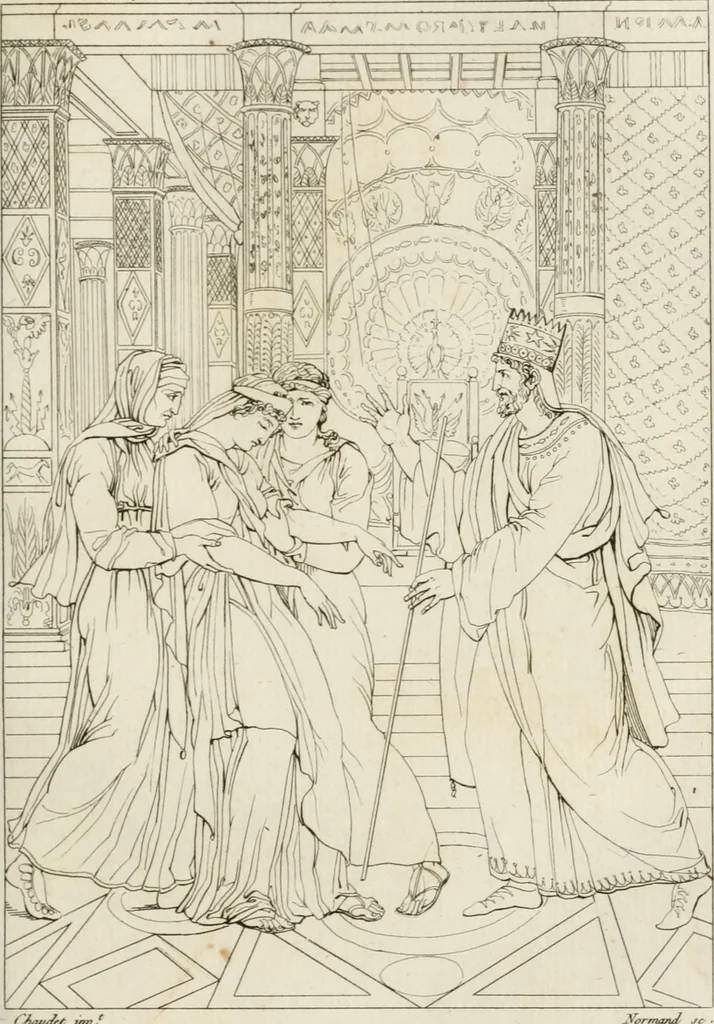 An illustration from Annales du musée et de l'école moderne des beaux-arts : recueil de gravures au trait, d'après les principaux ouvrages de peinture, sculpture, ou projets d'architecture, qui, chaque année, ont remporté le prix, soit aux écoles spéciales, soit aux concours nationaux : les productions des artistes en tous genres, qui, aux différentes expositions, ont été citées avec éloges : les morceaux les plus estimés ou inédits de la galerie de peinture : la suite complète de celle des antiques : édifices anciens et modernes, etc., 1800, leaf 200