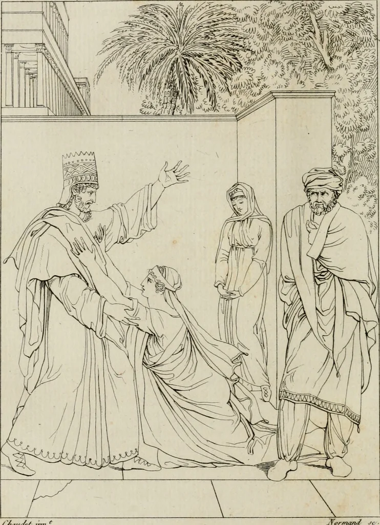 An illustration from Annales du musée et de l'école moderne des beaux-arts : recueil de gravures au trait, d'après les principaux ouvrages de peinture, sculpture, ou projets d'architecture, qui, chaque année, ont remporté le prix, soit aux écoles spéciales, soit aux concours nationaux : les productions des artistes en tous genres, qui, aux différentes expositions, ont été citées avec éloges : les morceaux les plus estimés ou inédits de la galerie de peinture : la suite complète de celle des antiques : édifices anciens et modernes, etc., 1800, leaf 203