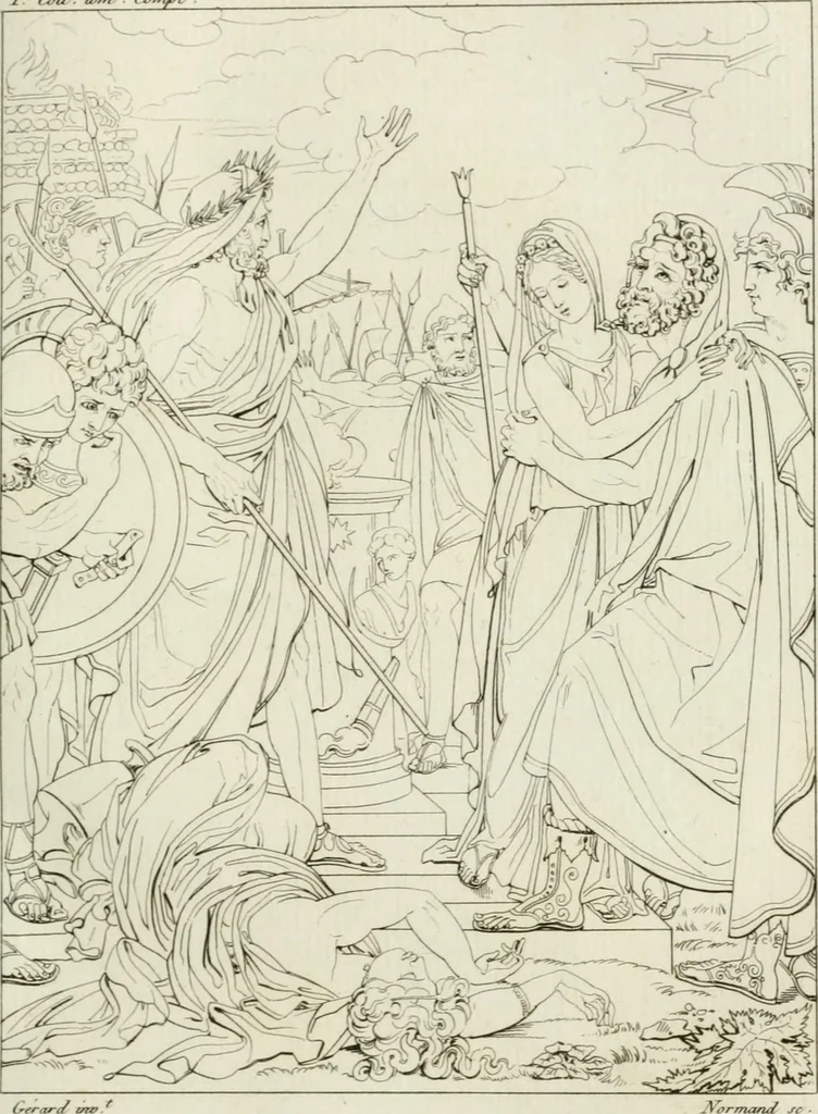 An illustration from Annales du musée et de l'école moderne des beaux-arts : recueil de gravures au trait, d'après les principaux ouvrages de peinture, sculpture, ou projets d'architecture, qui, chaque année, ont remporté le prix, soit aux écoles spéciales, soit aux concours nationaux : les productions des artistes en tous genres, qui, aux différentes expositions, ont été citées avec éloges : les morceaux les plus estimés ou inédits de la galerie de peinture : la suite complète de celle des antiques : édifices anciens et modernes, etc., 1800, leaf 212
