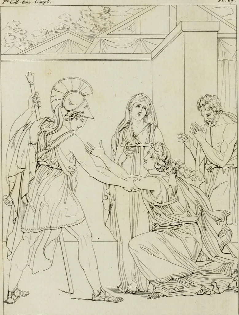 An illustration from Annales du musée et de l'école moderne des beaux-arts : recueil de gravures au trait, d'après les principaux ouvrages de peinture, sculpture, ou projets d'architecture, qui, chaque année, ont remporté le prix, soit aux écoles spéciales, soit aux concours nationaux : les productions des artistes en tous genres, qui, aux différentes expositions, ont été citées avec éloges : les morceaux les plus estimés ou inédits de la galerie de peinture : la suite complète de celle des antiques : édifices anciens et modernes, etc., 1800, leaf 215