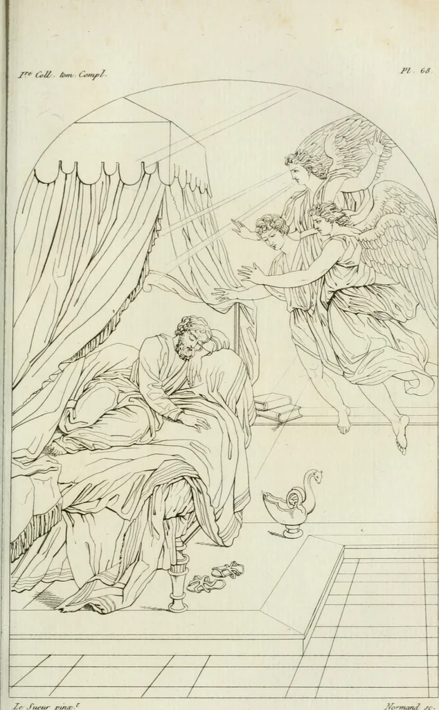 An illustration from Annales du musée et de l'école moderne des beaux-arts : recueil de gravures au trait, d'après les principaux ouvrages de peinture, sculpture, ou projets d'architecture, qui, chaque année, ont remporté le prix, soit aux écoles spéciales, soit aux concours nationaux : les productions des artistes en tous genres, qui, aux différentes expositions, ont été citées avec éloges : les morceaux les plus estimés ou inédits de la galerie de peinture : la suite complète de celle des antiques : édifices anciens et modernes, etc., 1800, leaf 218
