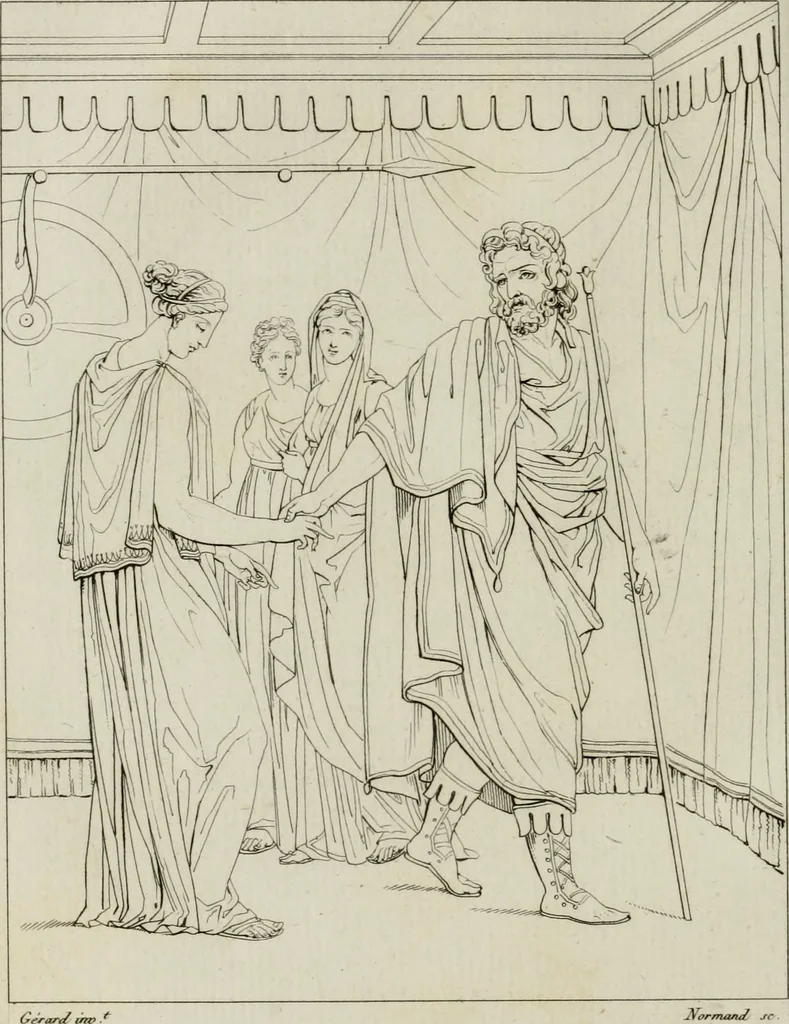 An illustration from Annales du musée et de l'école moderne des beaux-arts : recueil de gravures au trait, d'après les principaux ouvrages de peinture, sculpture, ou projets d'architecture, qui, chaque année, ont remporté le prix, soit aux écoles spéciales, soit aux concours nationaux : les productions des artistes en tous genres, qui, aux différentes expositions, ont été citées avec éloges : les morceaux les plus estimés ou inédits de la galerie de peinture : la suite complète de celle des antiques : édifices anciens et modernes, etc., 1800, leaf 221