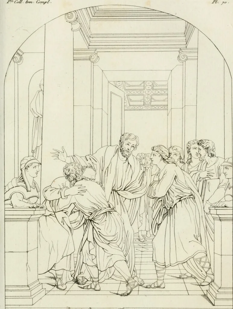 An illustration from Annales du musée et de l'école moderne des beaux-arts : recueil de gravures au trait, d'après les principaux ouvrages de peinture, sculpture, ou projets d'architecture, qui, chaque année, ont remporté le prix, soit aux écoles spéciales, soit aux concours nationaux : les productions des artistes en tous genres, qui, aux différentes expositions, ont été citées avec éloges : les morceaux les plus estimés ou inédits de la galerie de peinture : la suite complète de celle des antiques : édifices anciens et modernes, etc., 1800, leaf 224