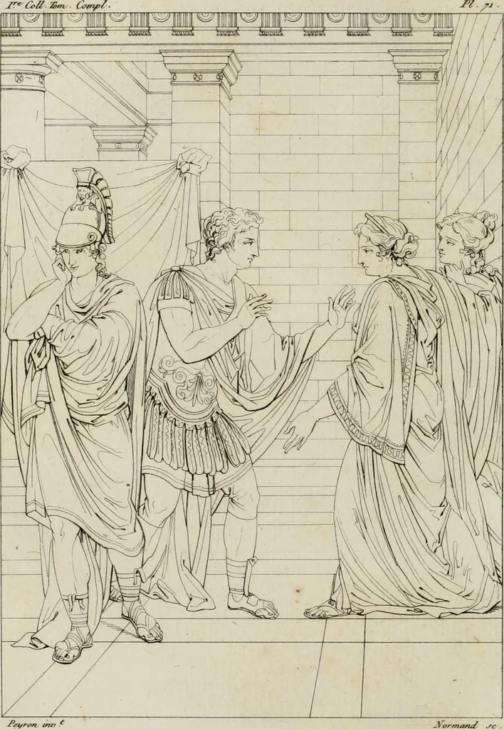 An illustration from Annales du musée et de l'école moderne des beaux-arts : recueil de gravures au trait, d'après les principaux ouvrages de peinture, sculpture, ou projets d'architecture, qui, chaque année, ont remporté le prix, soit aux écoles spéciales, soit aux concours nationaux : les productions des artistes en tous genres, qui, aux différentes expositions, ont été citées avec éloges : les morceaux les plus estimés ou inédits de la galerie de peinture : la suite complète de celle des antiques : édifices anciens et modernes, etc., 1800, leaf 227