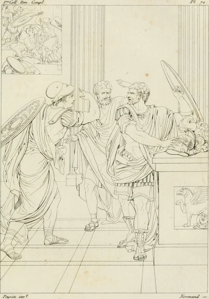 An illustration from Annales du musée et de l'école moderne des beaux-arts : recueil de gravures au trait, d'après les principaux ouvrages de peinture, sculpture, ou projets d'architecture, qui, chaque année, ont remporté le prix, soit aux écoles spéciales, soit aux concours nationaux : les productions des artistes en tous genres, qui, aux différentes expositions, ont été citées avec éloges : les morceaux les plus estimés ou inédits de la galerie de peinture : la suite complète de celle des antiques : édifices anciens et modernes, etc., 1800, leaf 230