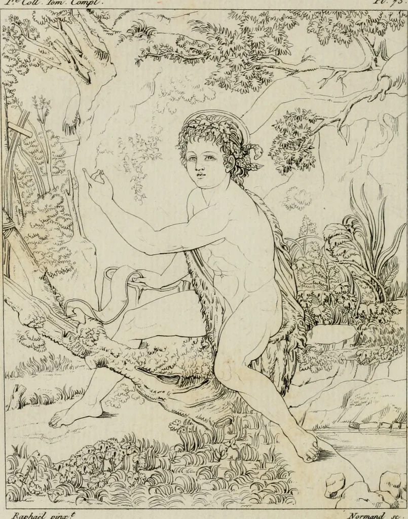 An illustration from Annales du musée et de l'école moderne des beaux-arts : recueil de gravures au trait, d'après les principaux ouvrages de peinture, sculpture, ou projets d'architecture, qui, chaque année, ont remporté le prix, soit aux écoles spéciales, soit aux concours nationaux : les productions des artistes en tous genres, qui, aux différentes expositions, ont été citées avec éloges : les morceaux les plus estimés ou inédits de la galerie de peinture : la suite complète de celle des antiques : édifices anciens et modernes, etc., 1800, leaf 233