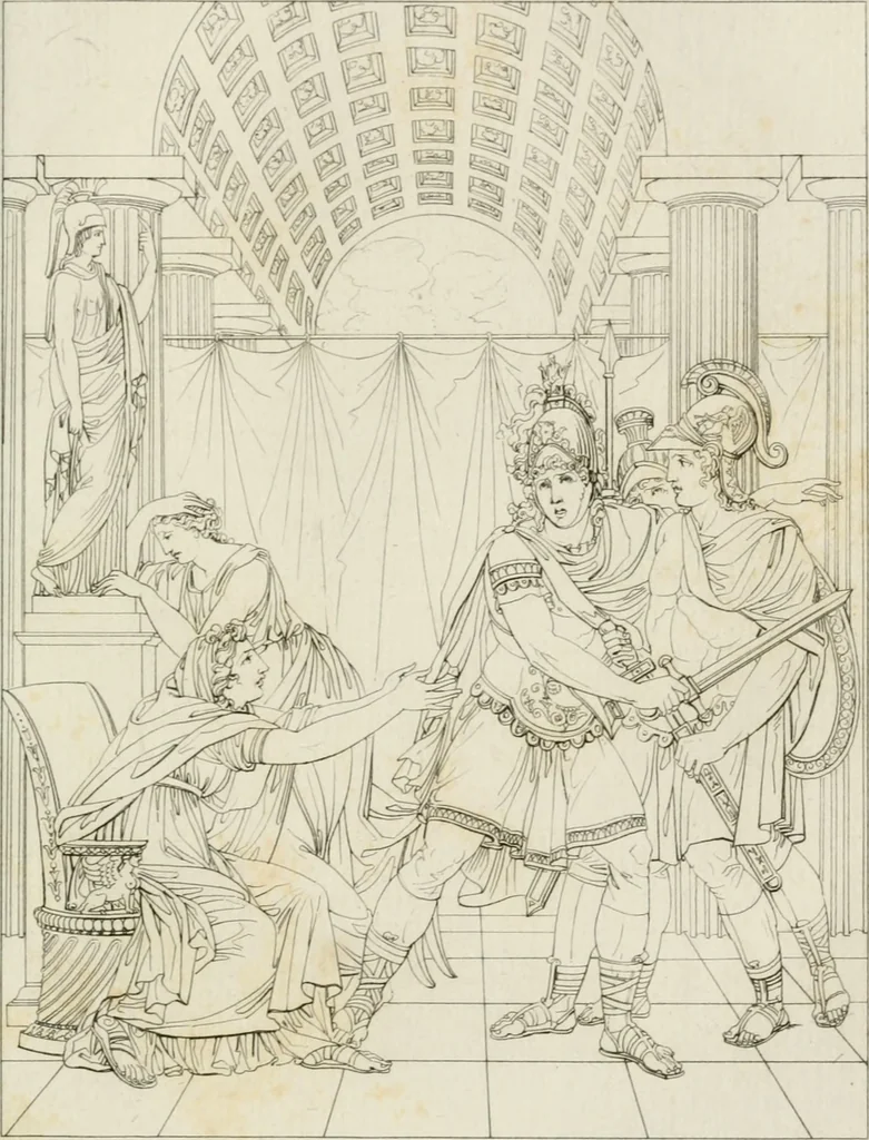 An illustration from Annales du musée et de l'école moderne des beaux-arts : recueil de gravures au trait, d'après les principaux ouvrages de peinture, sculpture, ou projets d'architecture, qui, chaque année, ont remporté le prix, soit aux écoles spéciales, soit aux concours nationaux : les productions des artistes en tous genres, qui, aux différentes expositions, ont été citées avec éloges : les morceaux les plus estimés ou inédits de la galerie de peinture : la suite complète de celle des antiques : édifices anciens et modernes, etc., 1800, leaf 236